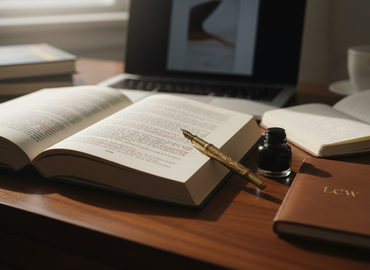 A hardcover novel manuscript resting open on a dark walnut desk, its cream-colored pages filled with neatly typed text underlined in red pencil. A vintage brass fountain pen lies diagonally across the margin beside a slim leather-bound notebook embossed with the initials “LCW.” Behind, a muted laptop screen shows a blurred outline of a book cover design. Soft morning light from an unseen window grazes the scene, creating gentle highlights on the ink and subtle shadows under the objects. Photographic realism, eye-level composition with a shallow depth of field, keeping the manuscript in crisp focus while the background fades into a calm, professional blur, conveying a sense of disciplined, focused authorship.