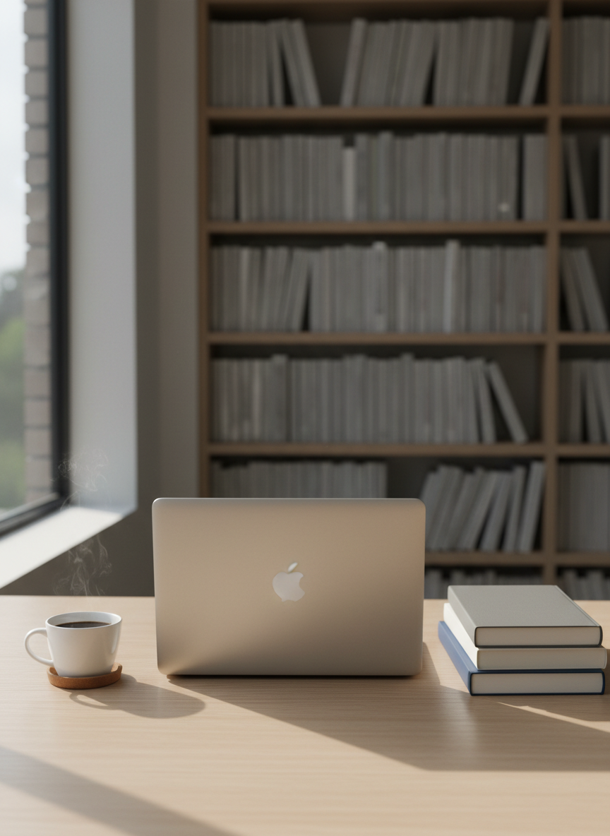 A clean, minimalist author workspace featuring a sleek, closed silver laptop centered on a pale oak desk, beside an orderly stack of three matte-finish novels with blank, understated covers in charcoal, ivory, and deep navy. A ceramic mug of black coffee rests on a cork coaster, faint steam rising. In the background, a tall bookshelf filled with neatly aligned books fades into soft blur. Natural afternoon light pours in from the left, casting refined, linear shadows and a clear highlight along the laptop edge. Photographic realism, wide-angle shot with a rule-of-thirds composition, creating a modern, professional mood ideal for an author portfolio homepage.