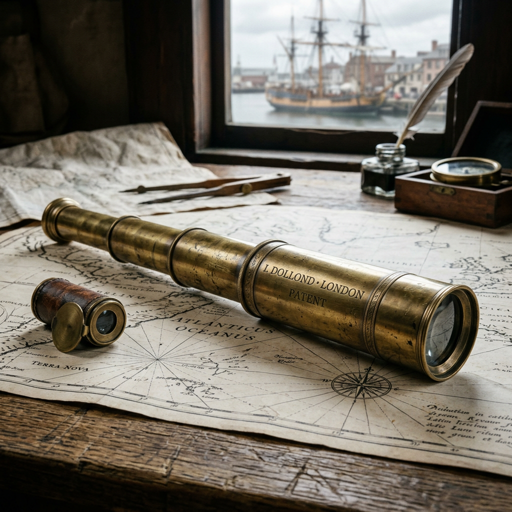 Brass telescope labeled I. Dollond London and a smaller monocular on a nautical map with compass rose