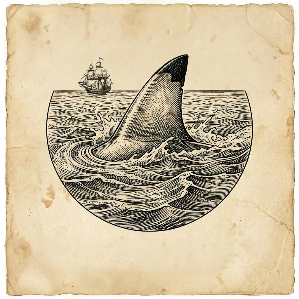 Blacktip shark logo with swirling waves and text Blacktip Adventures Ocean Exploration